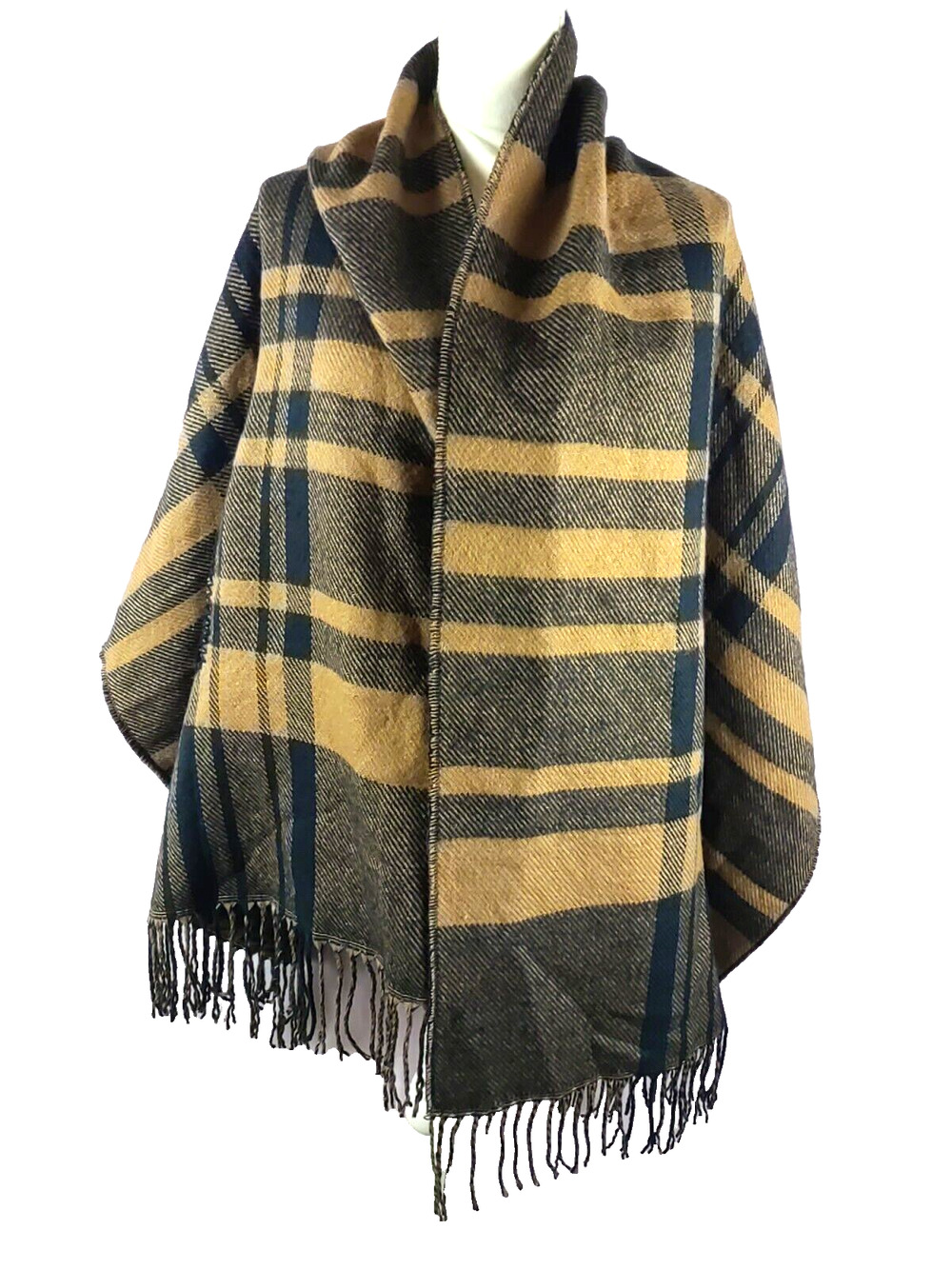 Mud Pie Shawl Scarf One Size Arm Holes Gold Black Plaid Fringe Boho Hippie